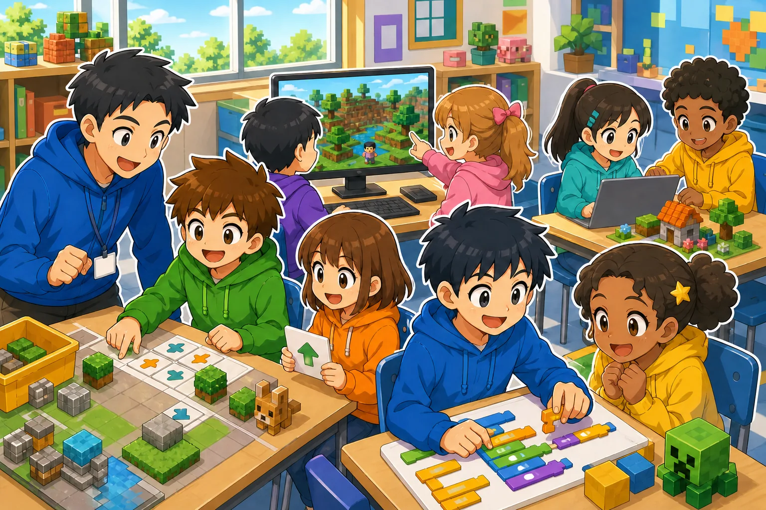 学校や学童で先生と子どもたちが矢印カード、ブロックプログラミング、立方体の世界づくりを協力して試す活用イメージ