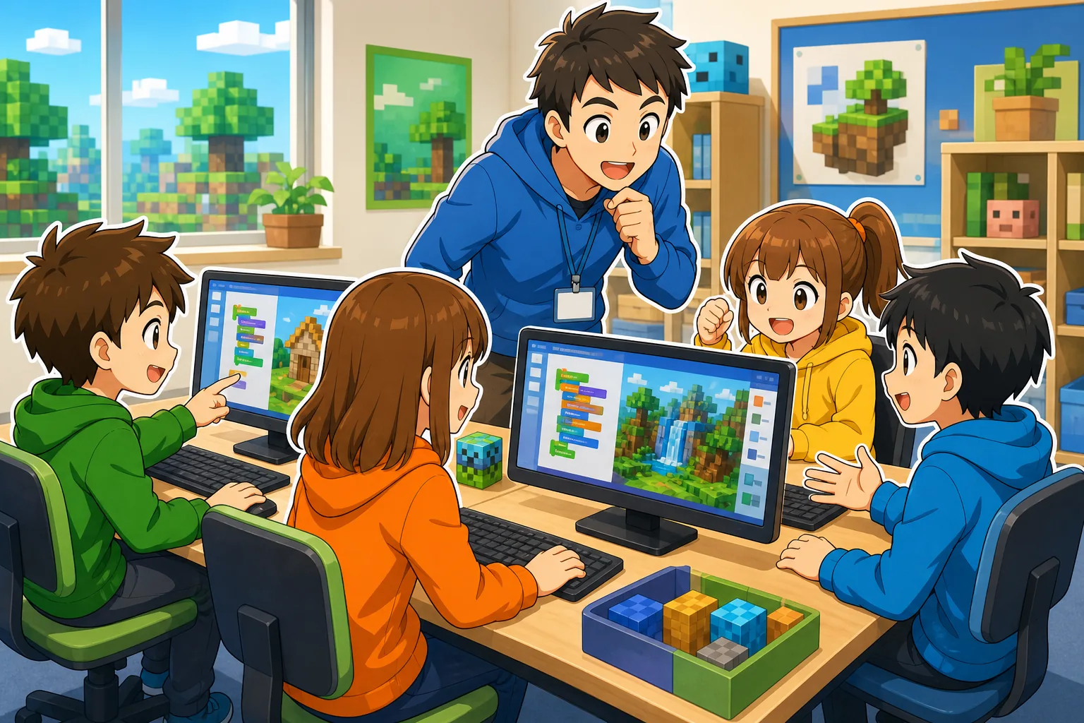 プログラミング教室で講師と子どもたちがブロックプログラミングと立方体の世界づくりに取り組む活用イメージ