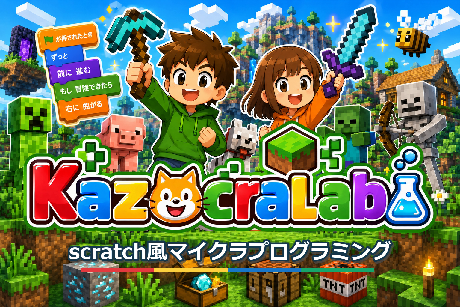Scratch風ブロックでMinecraftの創作を楽しむ子どもたちとKAZOCRA LABOのロゴ